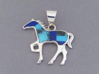 Turquoise & Lapis Inlay HORSE Pendant by Native American Navajo Indian jewelry artist, Tim Charlie $199- FOR SALE