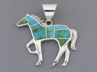 Buy Turquoise Horse - Green Sonoran Gold Turquoise Inlay HORSE Pendant by Native American jeweler, Tim Charlie FOR SALE $255-
