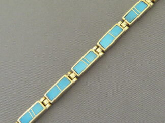 Gold & Turquoise Jewelry - Dainty 14kt Gold & Turquoise Inlay Link Bracelet by Native American jeweler, Tim Charlie $4,200- FOR SALE