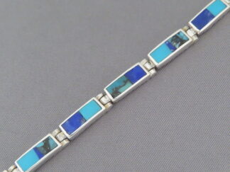 Turquoise Jewelry - Dainty Turquoise & Lapis Inlay Link Bracelet by Native American jeweler, Tim Charlie $420- FOR SALE