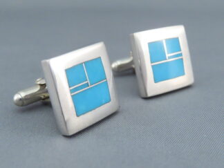 Inlaid Cuff Links - Turquoise Inlay Cufflinks in Sterling Silver by Native American jeweler, Charles Willie $285- FOR SALE