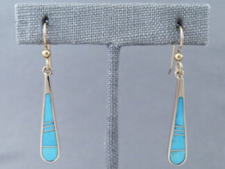 Long Dangling Gold & Turquoise Inlay Earrings by Native American (Navajo) jewelry artist, Tim Charlie $1,150- FOR SALE