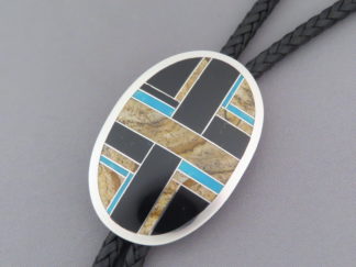 Native American Jewelry - Multi-Stone Inlay Bolo Tie with Turquoise by Navajo jeweler, Tim Charlie FOR SALE $595-