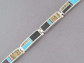 Shop Native American Jewelry - Multi-Stone with Turquoise Inlay Link Bracelet by Navajo jeweler, Tim Charlie $510- FOR SALE
