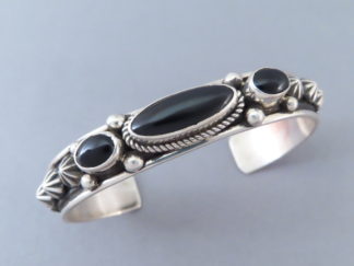 Shop Navajo Jewelry - Narrow Sterling Silver Bracelet with Black Onyx by Navajo Indian jeweler, Albert Jake FOR SALE $425-