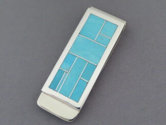 Narrow Turquoise Inlay Money Clip by Native American Navajo Indian jewelry artist, Charles Willie FOR SALE $195-