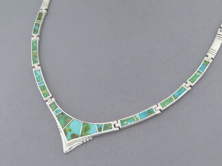 Shop Turquoise Jewelry - Green Sonoran Turquoise Inlay Necklace in Sterling Silver by Native American jeweler, Charles Willie $895- FOR SALE