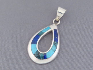 Shop Turquoise Jewelry - Turquoise & Lapis Inlay Pendant ('open-drop') by Native American jeweler, Tim Charlie $150- FOR SALE