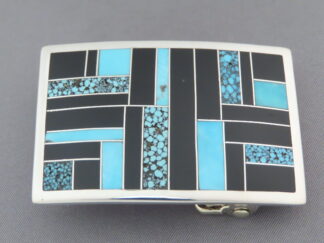 Native American Jewelry - Smaller Black Jade & Turquoise Inlay Belt Buckle by Navajo jeweler, Charles Willie $760- FOR SALE