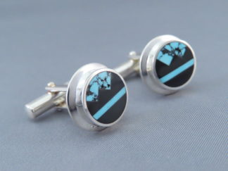 Buy Mens Cufflinks - Black Jade & Turquoise Inlay Cufflinks by Native American Jeweler, Peterson Chee FOR SALE $290-