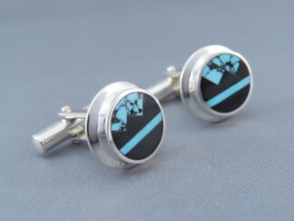 Buy Mens Cufflinks - Black Jade & Turquoise Inlay Cufflinks by Native American Jeweler, Peterson Chee FOR SALE $290-