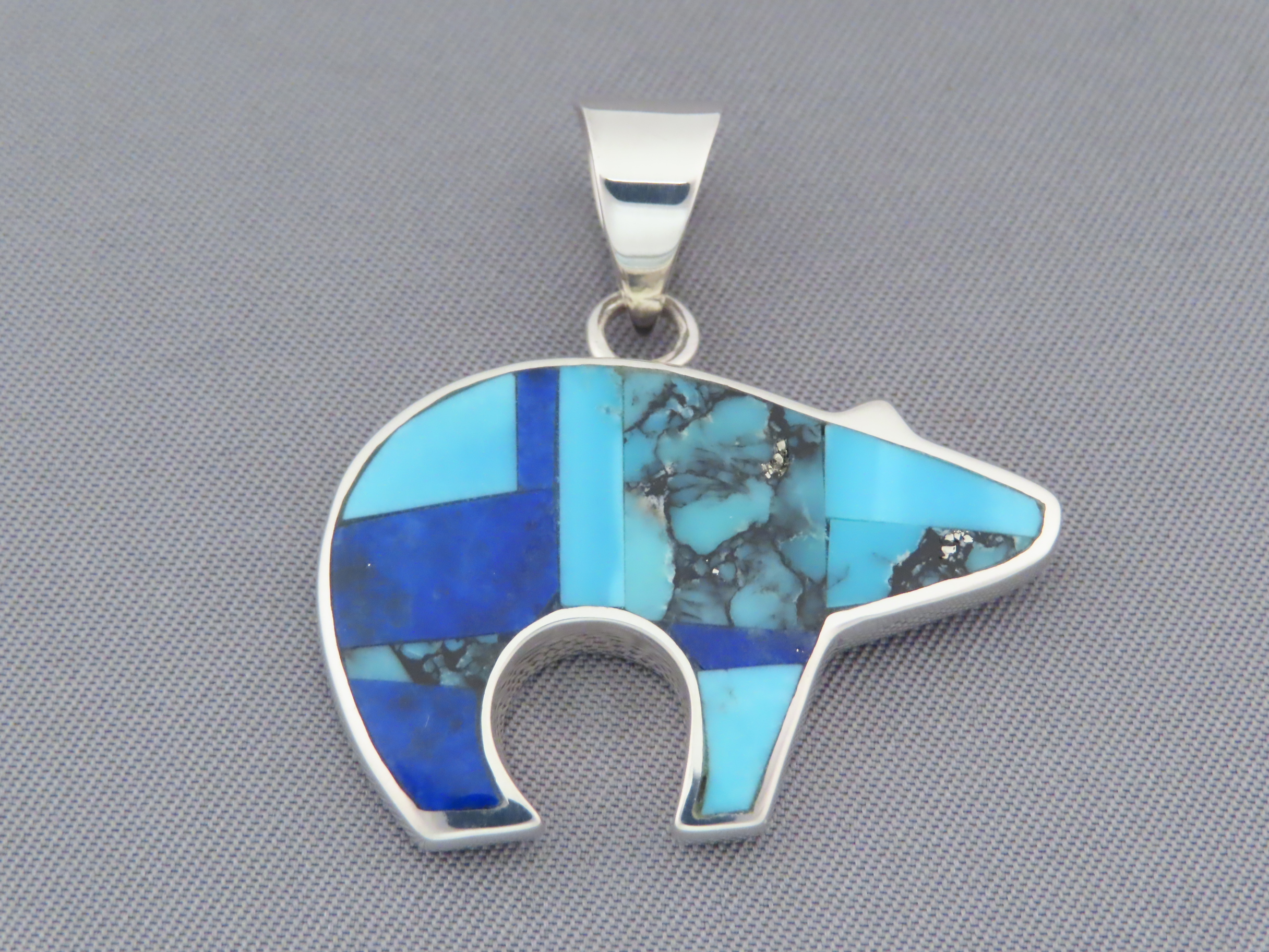 Turquoise Jewelry - Mid-Size Turquoise & Lapis Inlay BEAR Pendant by Native American jeweler, Pete Chee $220- FOR SALE