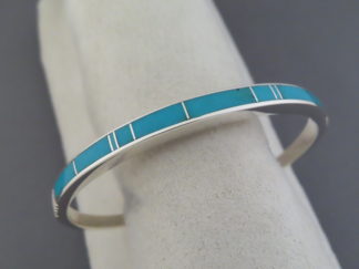 Turquoise Jewelry - Narrow Turquoise Inlay Bracelet Cuff by Native American jeweler, Tim Charlie FOR SALE $270-