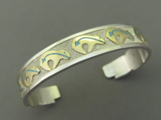 Bear Bracelet - Silver & Gold Cuff Bracelet with BEARS & Turquoise Inlay by Native American jeweler, Robert Taylor $995- FOR SALE
