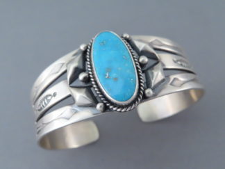 Shop Turquoise Jewelry - Cuff Bracelet with Kingman Turquoise by Navajo Indian jeweler, Aaron Toadlena $345- FOR SALE