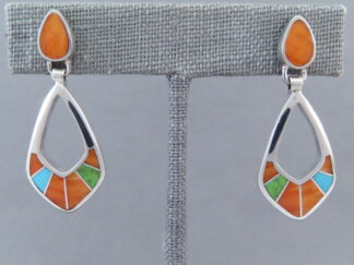 Shop Inlay Jewelry - Colorful Multi-Stone Inlay Earrings (open-drops) by Native American jeweler, Pete Chee $245- FOR SALE