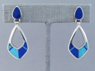 Shop Inlay Jewelry - Turquoise & Lapis Inlay Earrings (open-drops) by Native American jeweler, Pete Chee $215-