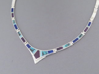 Inlay Jewelry - Sterling Silver Inlaid Multi-Stone Necklace by Native American jeweler, Charles Willie $765- FOR SALE