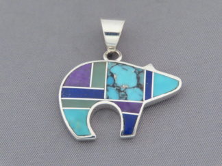 Native American Jewelry - Mid-Size Inlaid Multi-Stone BEAR Pendant Slider by Navajo jeweler, Pete Chee FOR SALE $225-
