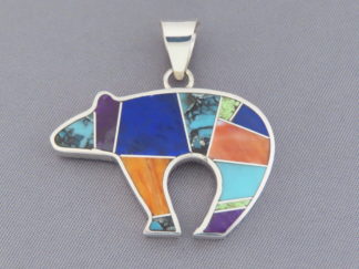 Shop Inlay Bear - Inlaid Multi-Color BEAR Pendant by Native American Jewelry Artist, Charles Willie $275- FOR SALE