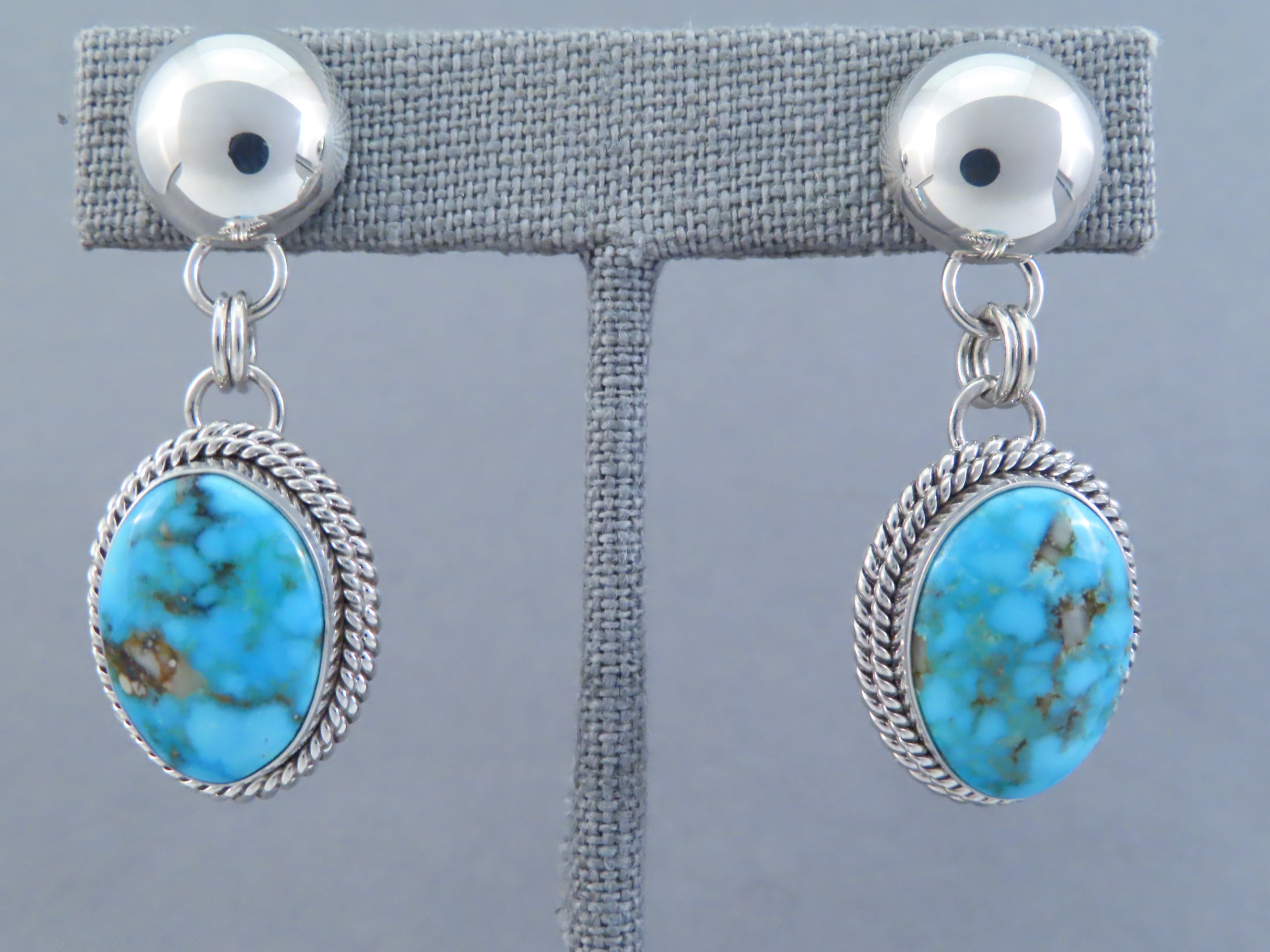 Dangling Post Kingman Turquoise Earrings by Native American Navajo Indian jewelry artist, Artie Yellowhorse FOR SALE $375-