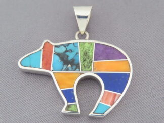 Shop Inlaid Bear - Multi-Color Inlay BEAR Pendant by Native American jewelry artist, Charles Willie $315- FOR SALE