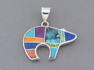 Shop Inlay Bear - Inlaid Multi-Color BEAR Pendant by Native American jewelry artist, Tim Charlie FOR SALE $260-