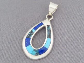 Turquoise & Lapis Inlay Pendant (open-drop) by Native American Navajo Indian jewelry artist, Tim Charlie $165- FOR SALE