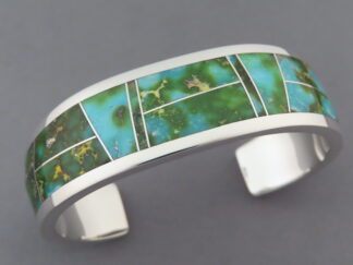 Shop Turquoise Jewelry - Green Sonoran Turquoise Inlay Bracelet Cuff by Native American jeweler, Charles Willie $865- FOR SALE