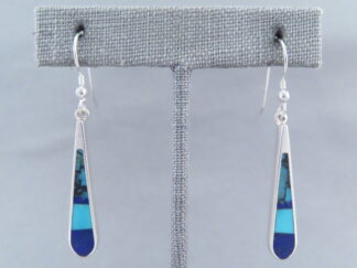 Shop Turquoise Jewelry - Long Turquoise & Lapis Inlay Earrings (hooks) by Native Jeweler, Tim Charlie $150- FOR SALE