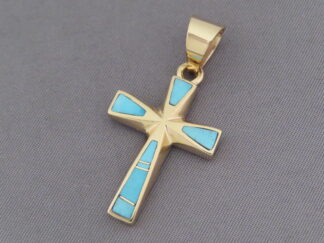 Buy Gold Turquoise Cross - 14kt Gold & Turquoise Inlay Cross Pendant by Native American Indian jewelry artist, Peterson Chee FOR SALE $1,250-