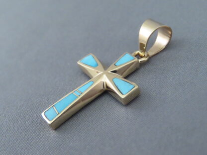 14kt Gold Turquoise Inlay Cross Pendant