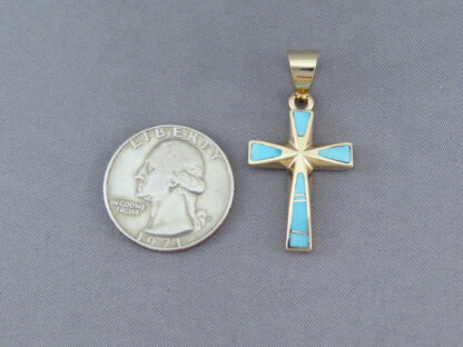 14kt Gold Turquoise Inlay Cross Pendant