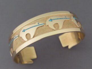 Native American Gold Jewelry - Wider 14kt Gold Cuff Bracelet with BEARS & Turquoise Inlay by Navajo Indian jeweler, Robert Taylor $5,500- FOR SALE