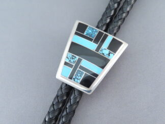 Black Jade & Turquoise Inlay Bolo Tie by Native American (Navajo) jewelry artist, Peterson Chee $640- FOR SALE