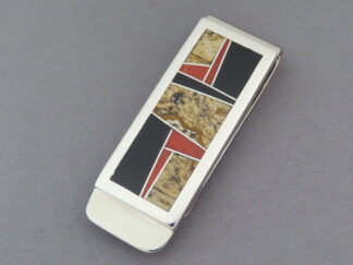 Native American Jewelry - Multi-Stone with Coral Inlay Money Clip by Navajo jeweler, Charles Willie $195- FOR SALE