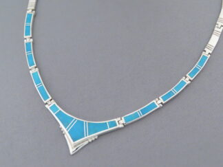 Buy Native American Jewelry - Sterling Silver & Turquoise Inlay Necklace by Navajo jeweler, Charles Willie $765- FOR SALE