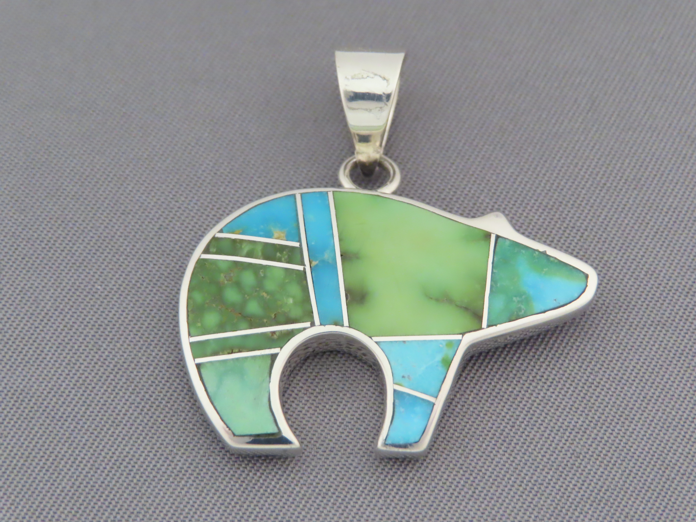 Inlaid Bear - Medium-Size Sonoran Gold Turquoise Inlay BEAR Pendant by Native American jeweler, Peterson Chee FOR SALE $265-