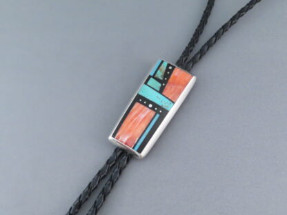 Bolo Tie of Sterling Silver & Multi-Stone Inlay by Jimmy Poyer