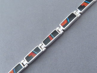 Inlaid Bracelet - Dainty Opal & Turquoise & Black Jade Inlay Link Bracelet by Native American jeweler, Tim Charlie $455- FOR SALE