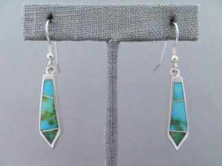 Buy Turquoise Jewelry - Long Dangling Sonoran Turquoise Inlay Earrings by Navajo jeweler, Charles Willie $195- FOR SALE