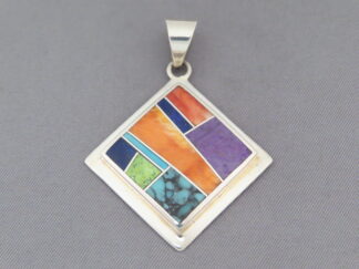 Shop Inlaid Jewelry - Multi-Color Inlay Pendant (diamond-shaped) by Native American Indian jeweler, Tim Charlie FOR SALE $225-