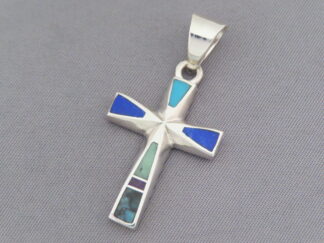 Inlaid Multi-Stone Cross Pendant Slider by Native American Navajo Indian jewelry artist, Tim Charlie $160- FOR SALE