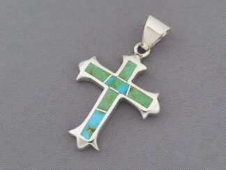 Shop Turquoise Cross - Green Sonoran Turquoise Inlay Cross Pendant by Native American jeweler, Tim Charlie $195- FOR SALE