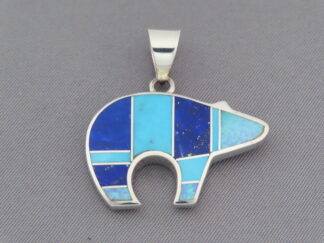 Native American Jewelry - Lapis & Turquoise & Opal Inlay BEAR Pendant by Navajo jeweler, Tim Charlie $230- FOR SALE