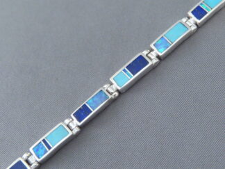 Inlaid Jewelry - Dainty Lapis & Turquoise & Opal Inlay Link Bracelet by Native American jeweler, Tim Charlie FOR SALE $440-