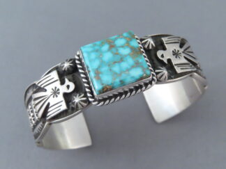 Buy Navajo Jewelry - Kingman Turquoise Bracelet with Thunderbirds by Native American jeweler, Andy Cadman $675- FOR SALE