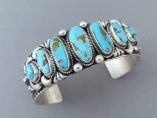 Seven-Stone Kingman Turquoise Cuff Bracelet by Navajo Indian jeweler, Tsosie Orville White $1,195- FOR SALE