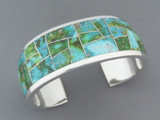 Shop Turquoise Jewelry - Wider Sonoran Gold Turquoise Inlay Cuff Bracelet by Native American jeweler, Charles Willie $1,120- FOR SALE