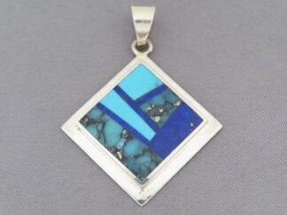 Turquoise Jewelry - Turquoise & Lapis Inlay Pendant (diamond-shaped) by Native American jeweler, Tim Charlie $180- FOR SALE